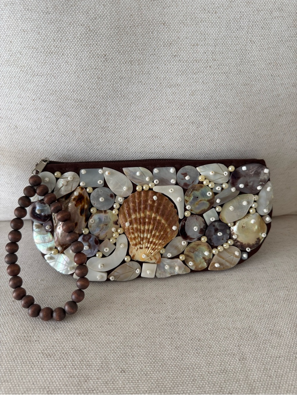 Embellished Shell Brown And Neutral Wristlet Clutch Beaded Wooden Wrist Strap